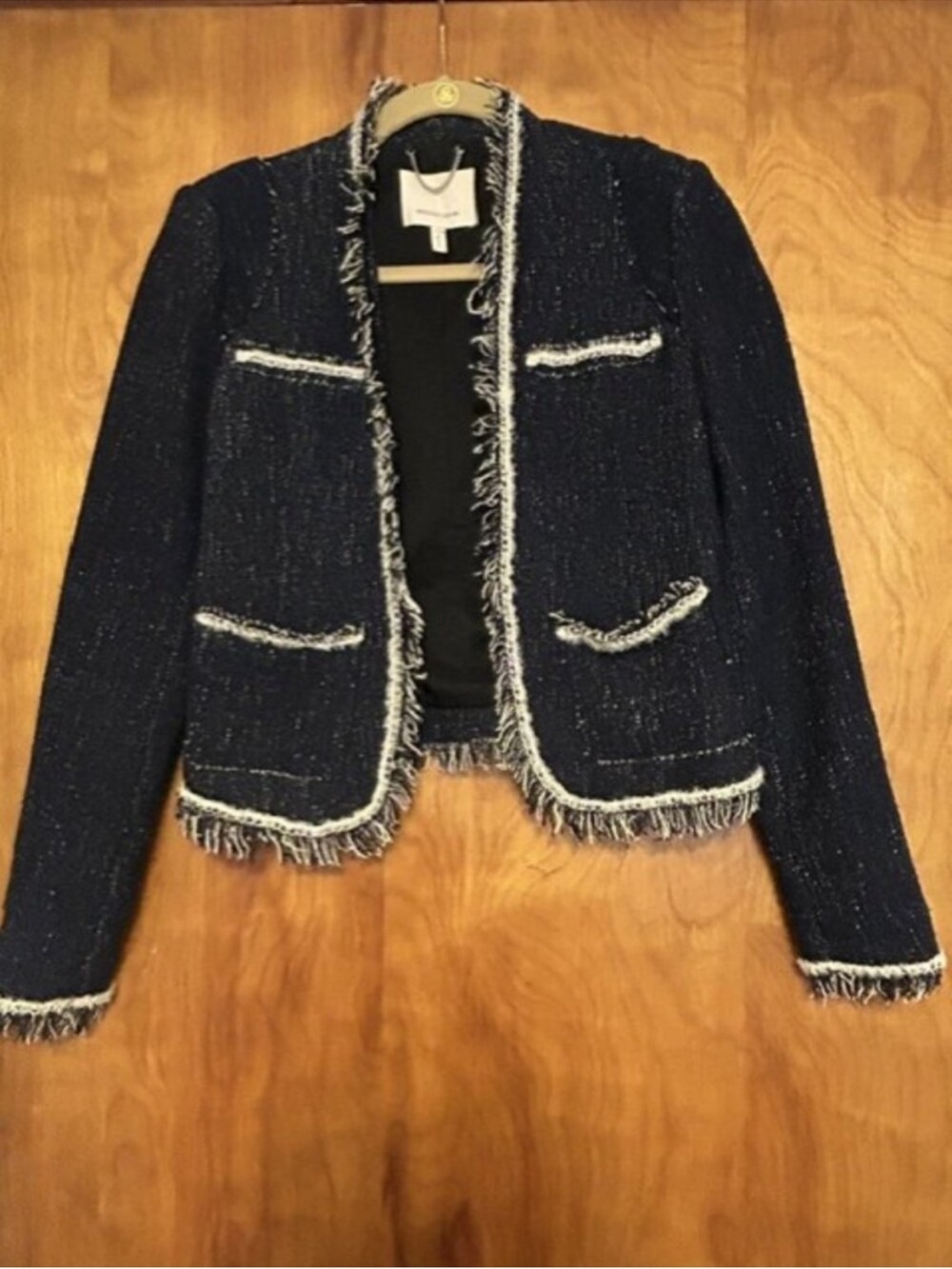 Rebecca Taylor Tweed Fringe Jacket Blazer Black White Cropped Size 4